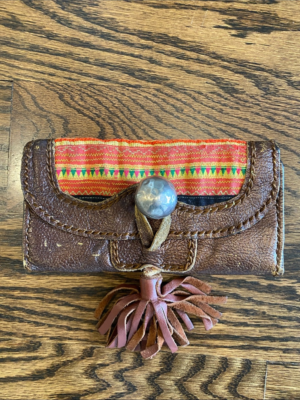 Handmade Brown Vintage Leather Wallet with Red Patterned Accent